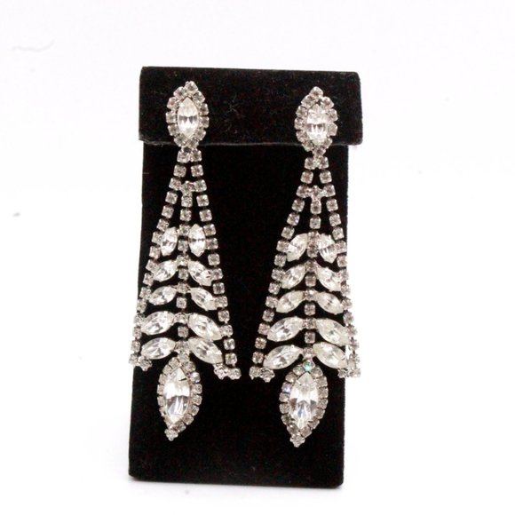 Vintage 90's Rhinestones Rhodium Plate Fancy Bridal Dangle Long Post Earrings - Picture 10 of 10